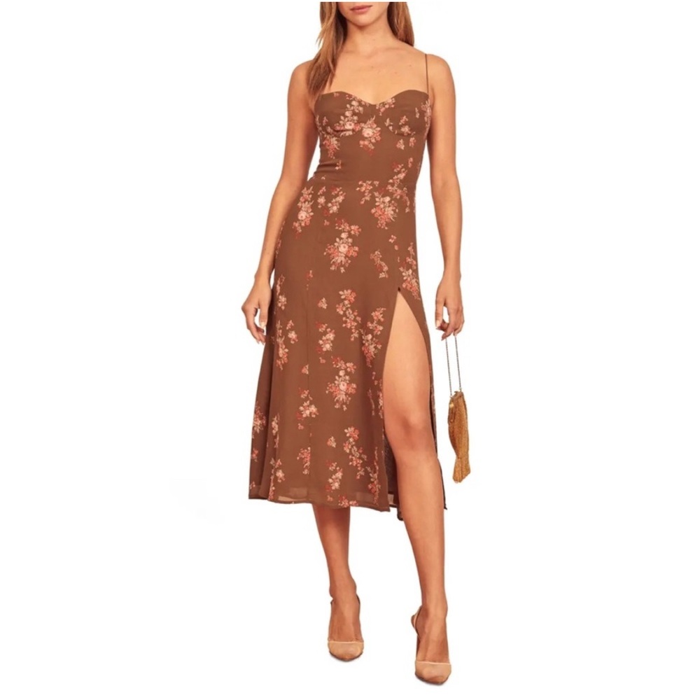 Reformation Juliette Dress in colour Nona, brown floral, size 4, S
